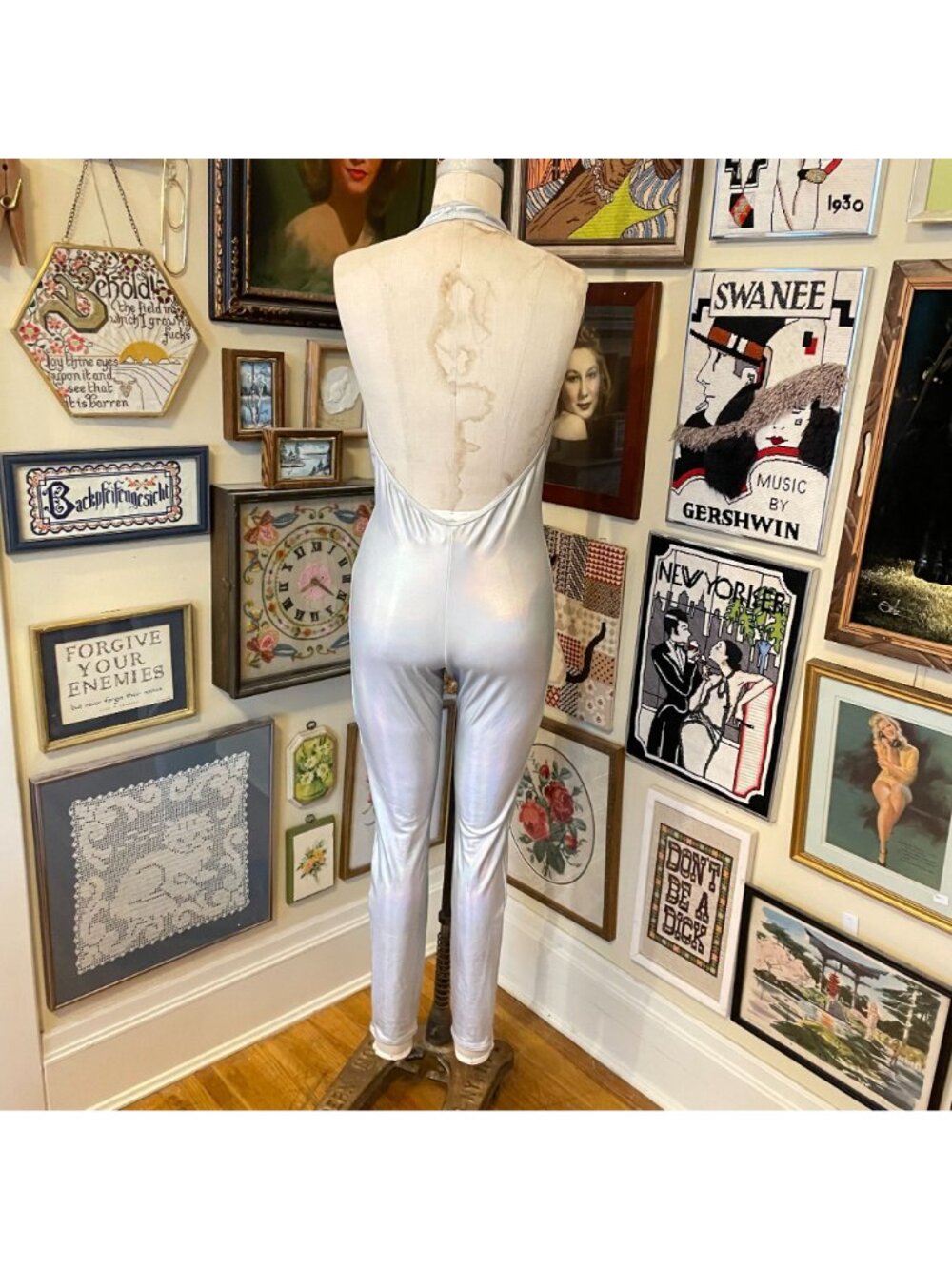 American Apparel Iridescent Silver Halter Neck Full Leg Unitard Bodysuit Size L - Picture 3 of 7